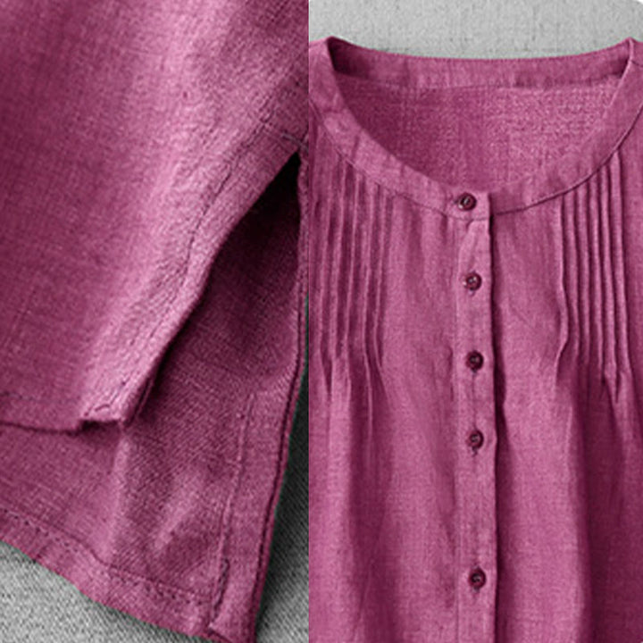 Camisa de algodón para mujer con diseño plisado, botones lisos y cuello redondo, manga tres cuartos, con Buddha Stones - image 17