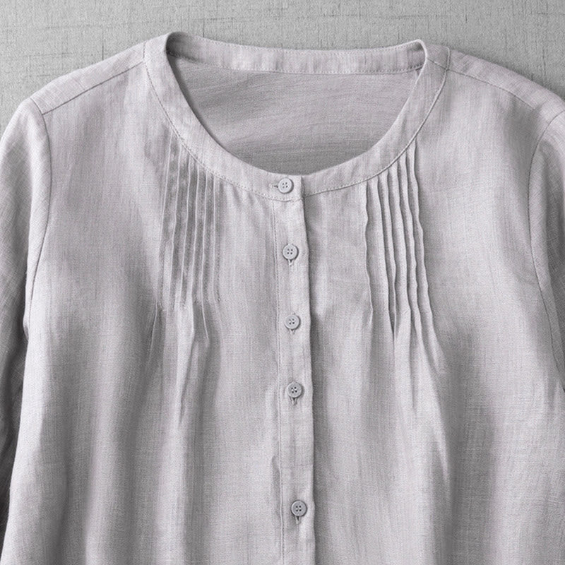 Camisa de algodón para mujer con diseño plisado, botones lisos y cuello redondo, manga tres cuartos, con Buddha Stones - image 24