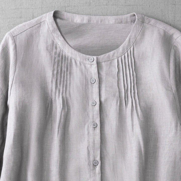 Camisa de algodón para mujer con diseño plisado, botones lisos y cuello redondo, manga tres cuartos, con Buddha Stones - image 24