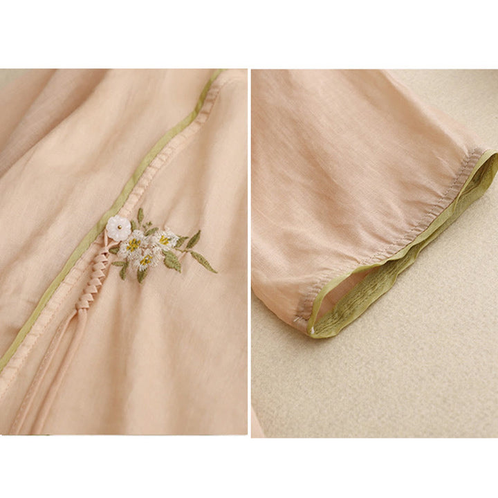 Camisa de algodón para mujer con cuello redondo, manga tres cuartos y bordado de hojas verdes y flores beige de Buddha Stones - image 19