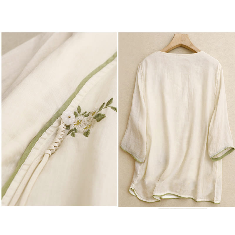 Camisa de algodón para mujer con cuello redondo, manga tres cuartos y bordado de hojas verdes y flores beige de Buddha Stones - image 2