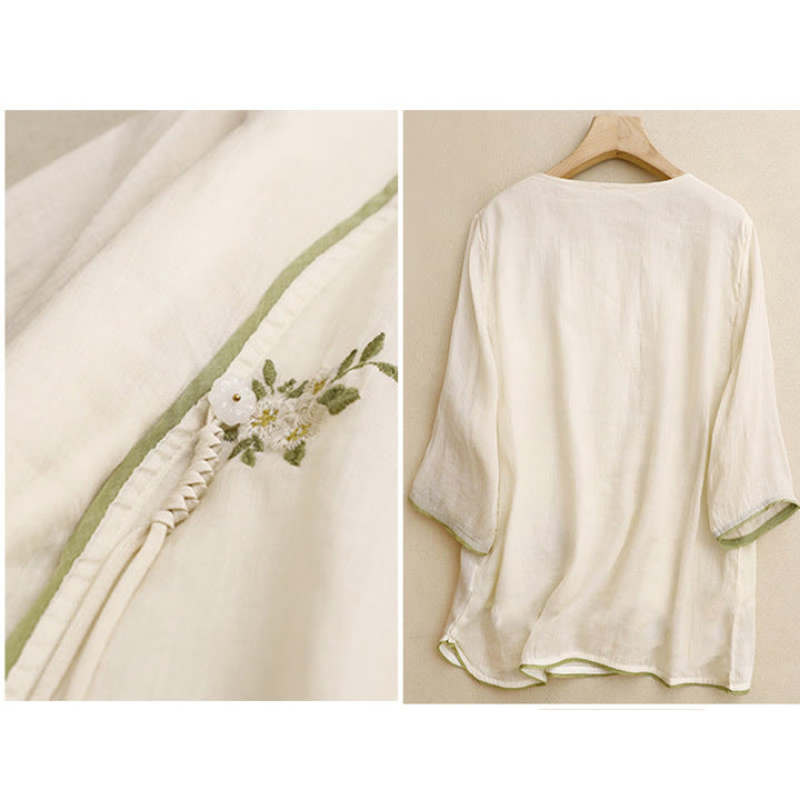 Camisa de algodón para mujer con cuello redondo, manga tres cuartos y bordado de hojas verdes y flores beige de Buddha Stones - image 2