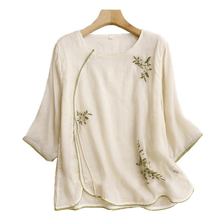 Camisa de algodón para mujer con cuello redondo, manga tres cuartos y bordado de hojas verdes y flores beige de Buddha Stones - image 13
