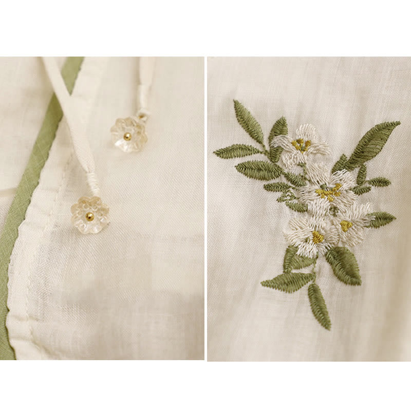 Camisa de algodón para mujer con cuello redondo, manga tres cuartos y bordado de hojas verdes y flores beige de Buddha Stones - image 11