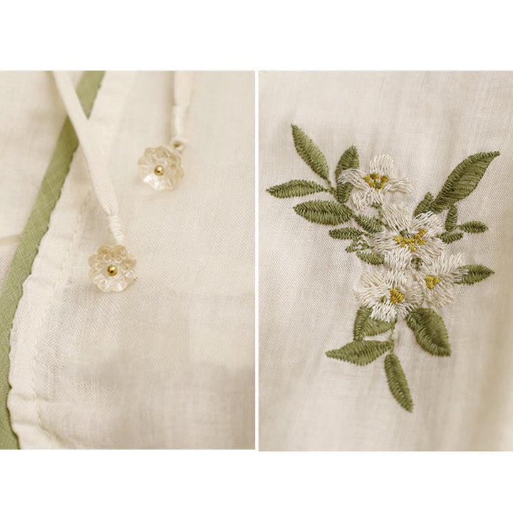 Camisa de algodón para mujer con cuello redondo, manga tres cuartos y bordado de hojas verdes y flores beige de Buddha Stones - image 11