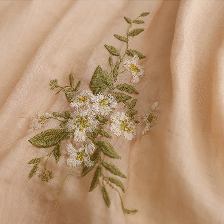 Camisa de algodón para mujer con cuello redondo, manga tres cuartos y bordado de hojas verdes y flores beige de Buddha Stones - image 16