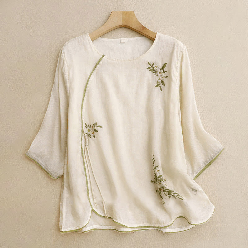 Camisa de algodón para mujer con cuello redondo, manga tres cuartos y bordado de hojas verdes y flores beige de Buddha Stones - Beige - US12, UK/AU16, EU44 (2XL) - image 1