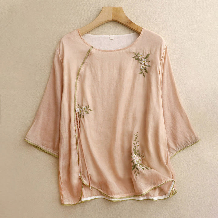 Camisa de mujer de manga tres cuartos con cuello redondo y bordado floral verde y Buddha Stones en color beige. - PeachPuff - US12, UK/AU16, EU44 (2XL) - image 12