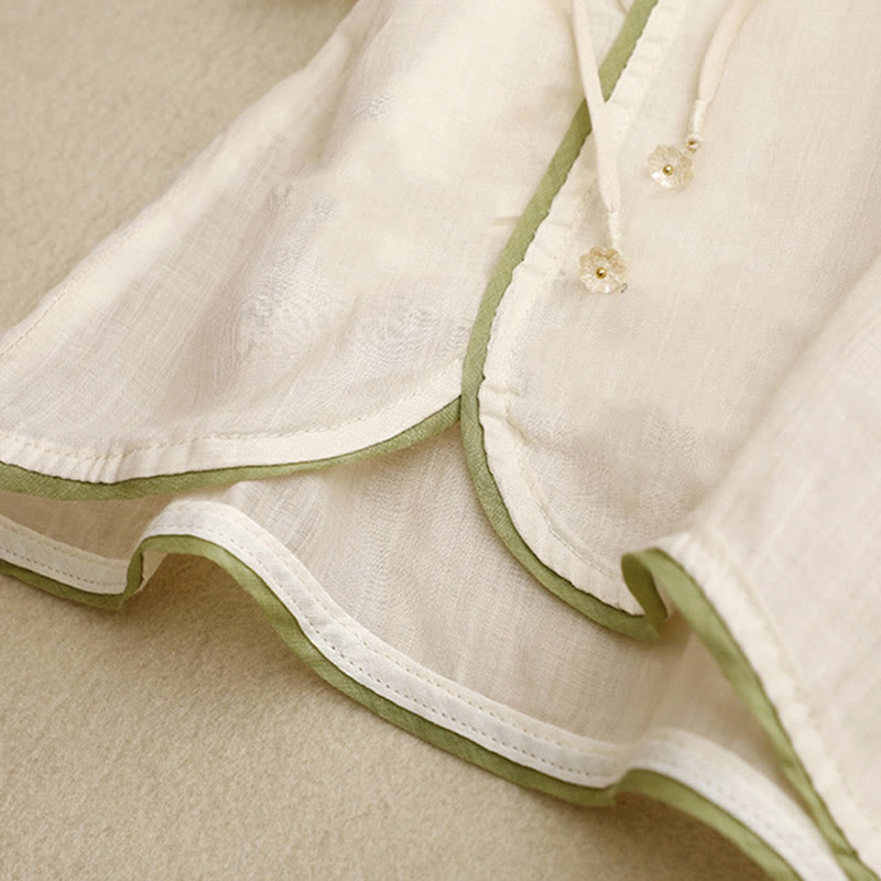 Camisa de algodón para mujer con cuello redondo, manga tres cuartos y bordado de hojas verdes y flores beige de Buddha Stones - image 10
