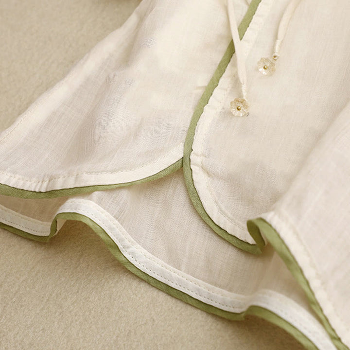 Camisa de algodón para mujer con cuello redondo, manga tres cuartos y bordado de hojas verdes y flores beige de Buddha Stones - image 10