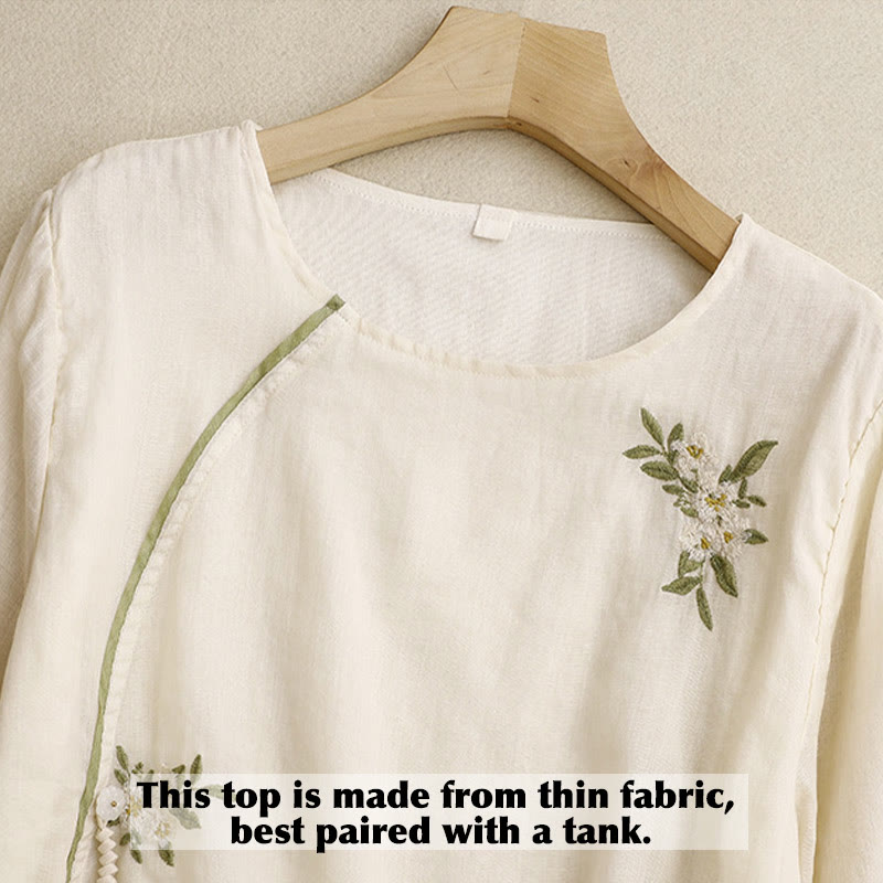 Camisa de algodón para mujer con cuello redondo, manga tres cuartos y bordado de hojas verdes y flores beige de Buddha Stones - image 3
