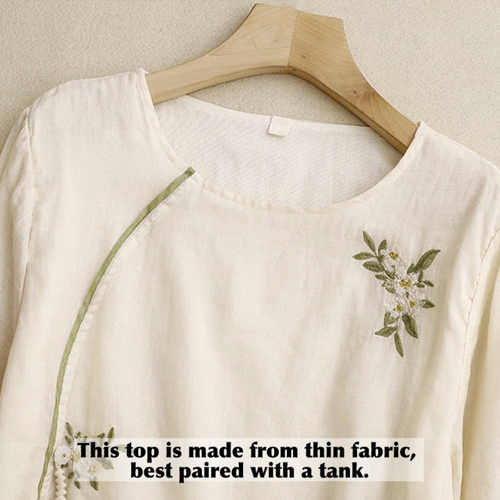 Camisa de algodón para mujer con cuello redondo, manga tres cuartos y bordado de hojas verdes y flores beige de Buddha Stones - image 3