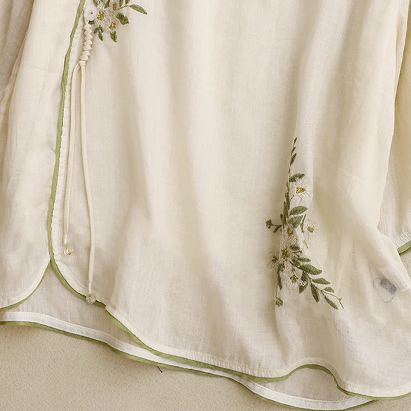 Camisa de algodón para mujer con cuello redondo, manga tres cuartos y bordado de hojas verdes y flores beige de Buddha Stones - image 6