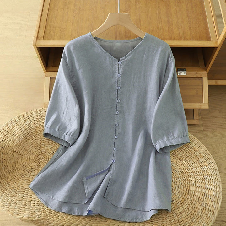 Camisa de mujer con cuello en V, media manga y botones lisos de Buddha Stones - Azul acero claro - US12, UK/AU16, EU44 (2XL) - image 22
