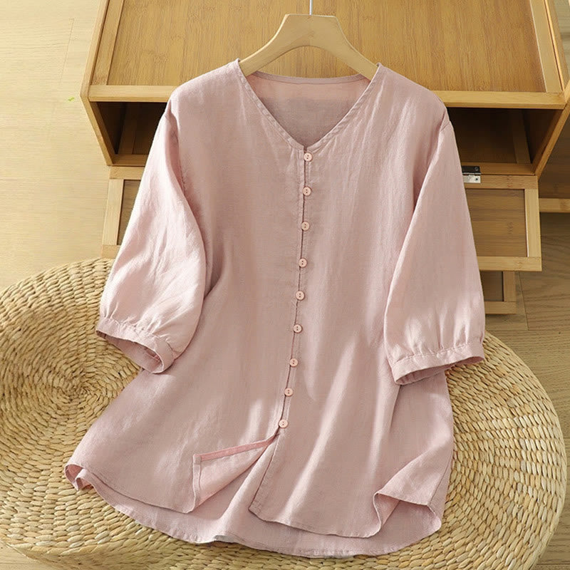 Camisa de mujer con cuello en V, media manga y botones lisos de Buddha Stones - Rosa claro - US12, UK/AU16, EU44 (2XL) - image 1