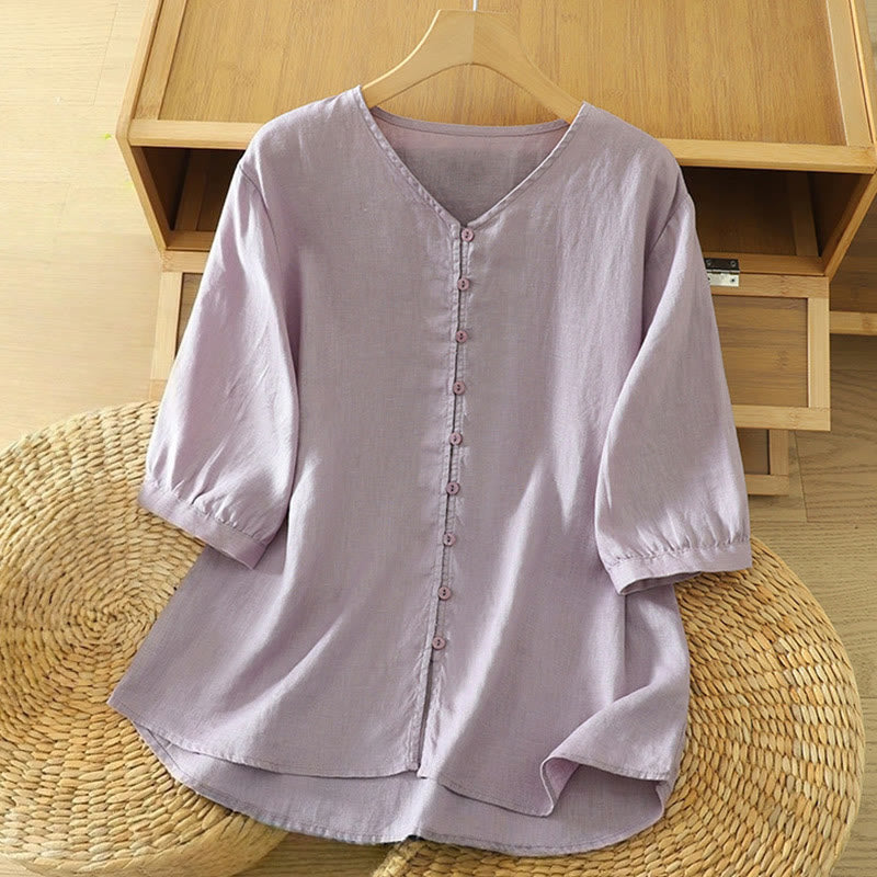 Camisa de mujer de manga corta con cuello en V y botones sólidos con estampado de Buddha Stones - Cardo - US12, UK/AU16, EU44 (2XL) - image 26
