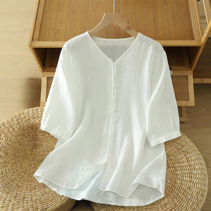 Camisa de mujer de manga corta con cuello en V y botones sólidos con estampado de Buddha Stones - Blanco - US12, UK/AU16, EU44 (2XL) - image 6