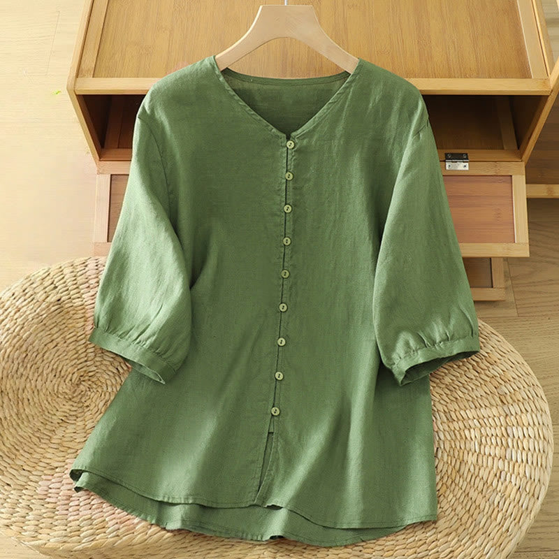 Camisa de mujer con cuello en V, media manga y botones lisos de Buddha Stones - Verde mar oscuro - US12, UK/AU16, EU44 (2XL) - image 17