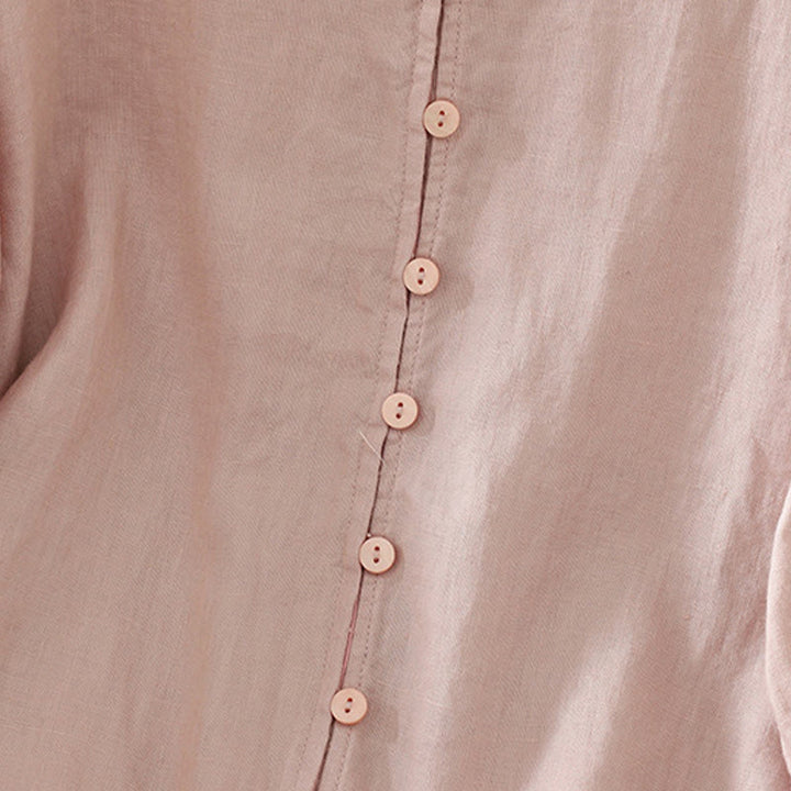 Camisa de mujer con cuello en V, media manga y botones lisos de Buddha Stones - image 4
