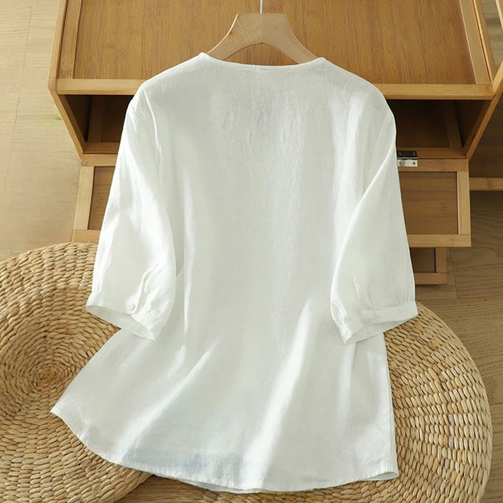 Camisa de mujer con cuello en V, media manga y botones lisos de Buddha Stones - image 8