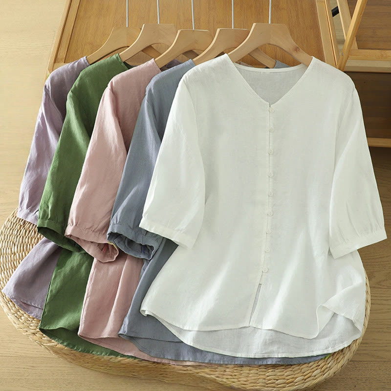 Camisa de mujer de manga corta con cuello en V y botones sólidos con estampado de Buddha Stones - image 1