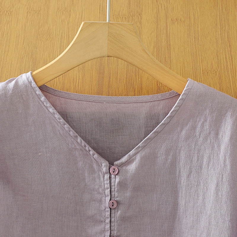 Camisa de mujer con cuello en V, media manga y botones lisos de Buddha Stones - image 28