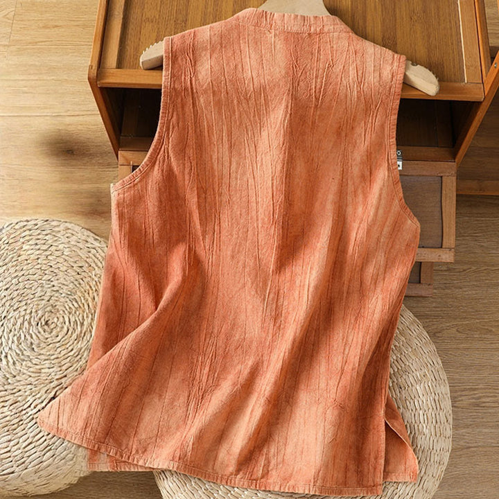 Chaleco sin mangas de algodón para mujer con diseño retro de botones de rana y estampado de Buddha Stones - image 2