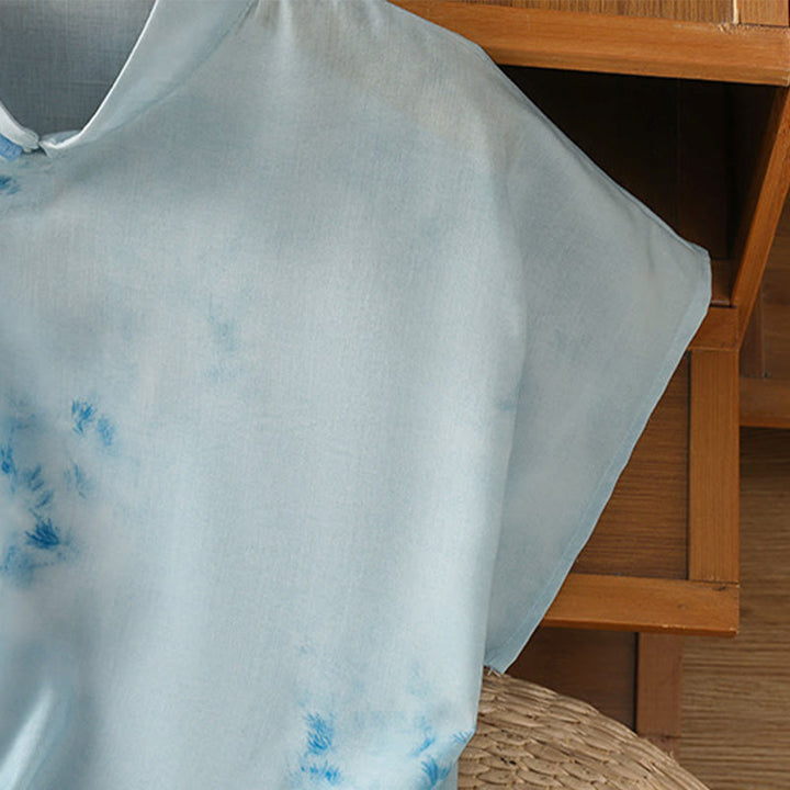 Camisa sin mangas para mujer con botones de rana en azul claro de Buddha Stones - image 8