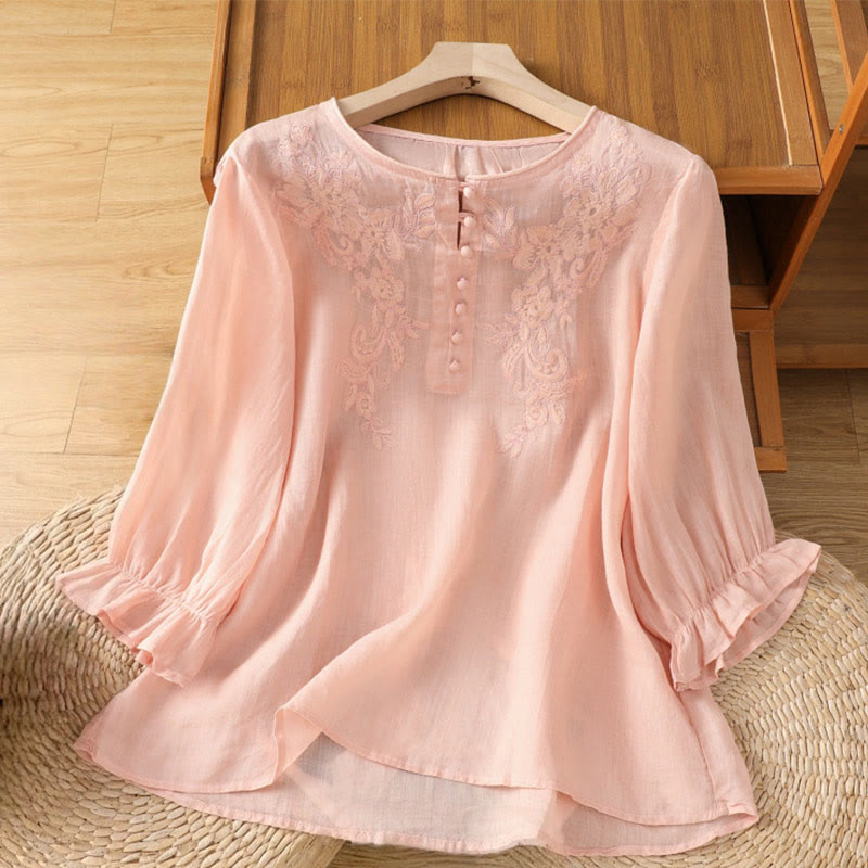 Camisa de algodón para mujer con cuello redondo, manga tres cuartos y botones bordados con flores y Buddha Stones - Rosa claro - US12, UK/AU16, EU44 (2XL) - image 17
