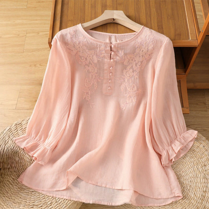 Camisa de algodón para mujer con cuello redondo, manga tres cuartos y botones bordados con flores y Buddha Stones - Rosa claro - US12, UK/AU16, EU44 (2XL) - image 17