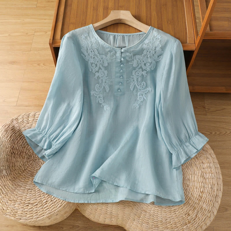 Camisa de algodón para mujer con cuello redondo, manga tres cuartos y botones bordados con flores y Buddha Stones - Azul claro - US12, UK/AU16, EU44 (2XL) - image 25