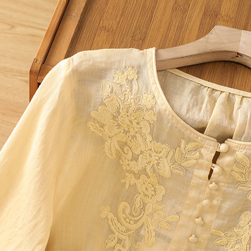 Camisa de algodón para mujer con cuello redondo, manga tres cuartos y botones bordados con flores y Buddha Stones - image 7