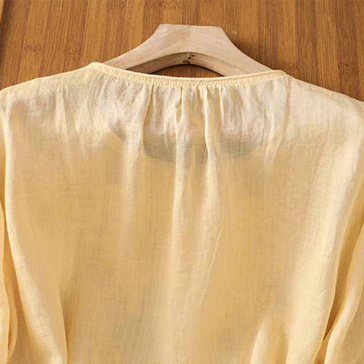 Camisa de algodón para mujer con cuello redondo, manga tres cuartos y botones bordados con flores y Buddha Stones - image 6