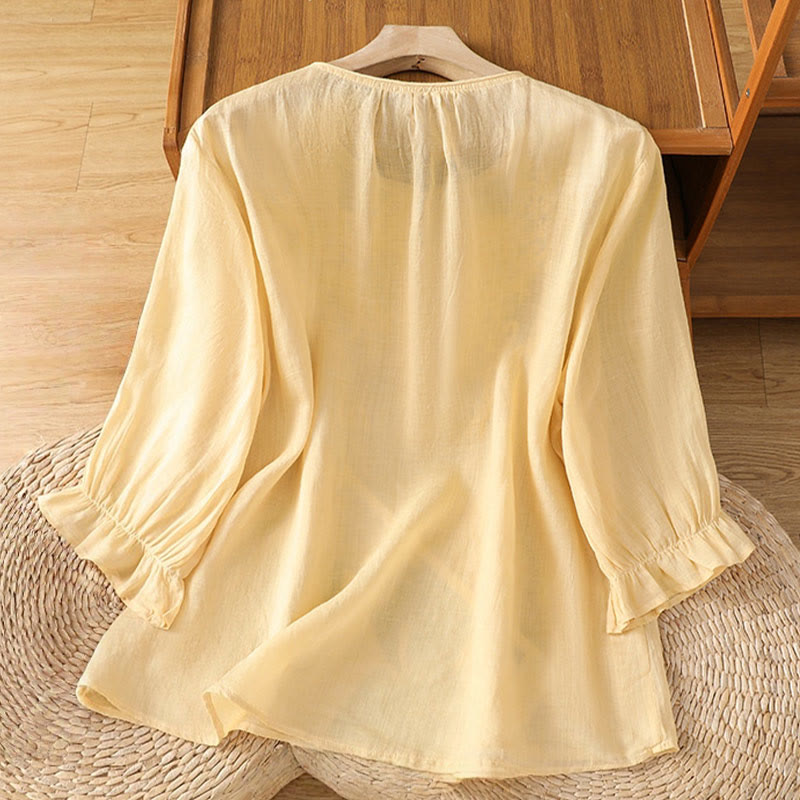 Camisa de algodón para mujer con cuello redondo, manga tres cuartos y botones bordados con flores y Buddha Stones - image 3