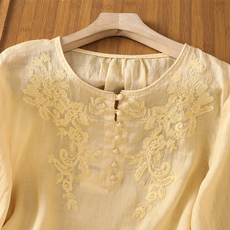 Camisa de algodón para mujer con cuello redondo, manga tres cuartos y botones bordados con flores y Buddha Stones - image 5