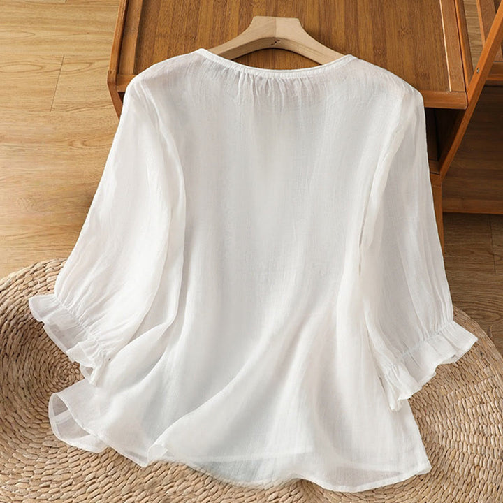 Camisa de algodón para mujer con cuello redondo, manga tres cuartos y botones bordados con flores y Buddha Stones - image 11