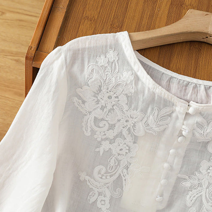 Camisa de algodón para mujer con cuello redondo, manga tres cuartos y botones bordados con flores y Buddha Stones - image 14