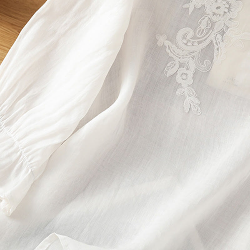 Camisa de algodón para mujer con cuello redondo, manga tres cuartos y botones bordados con flores y Buddha Stones - image 15