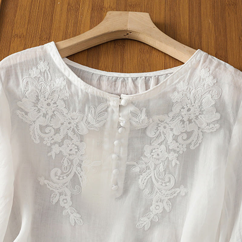 Camisa de algodón para mujer con cuello redondo, manga tres cuartos y botones bordados con flores y Buddha Stones - image 12