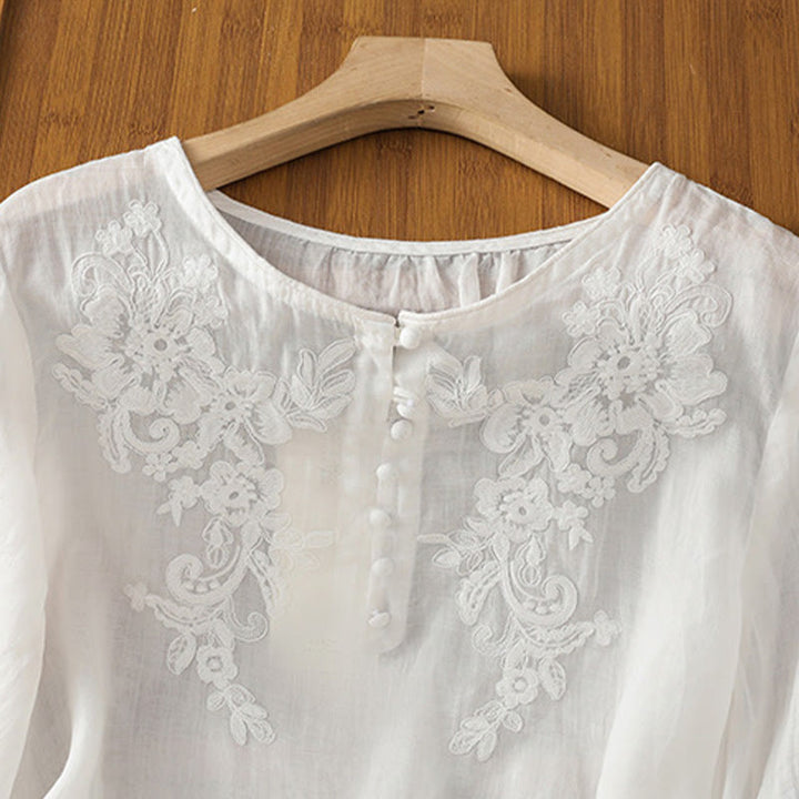 Camisa de algodón para mujer con cuello redondo, manga tres cuartos y botones bordados con flores y Buddha Stones - image 12