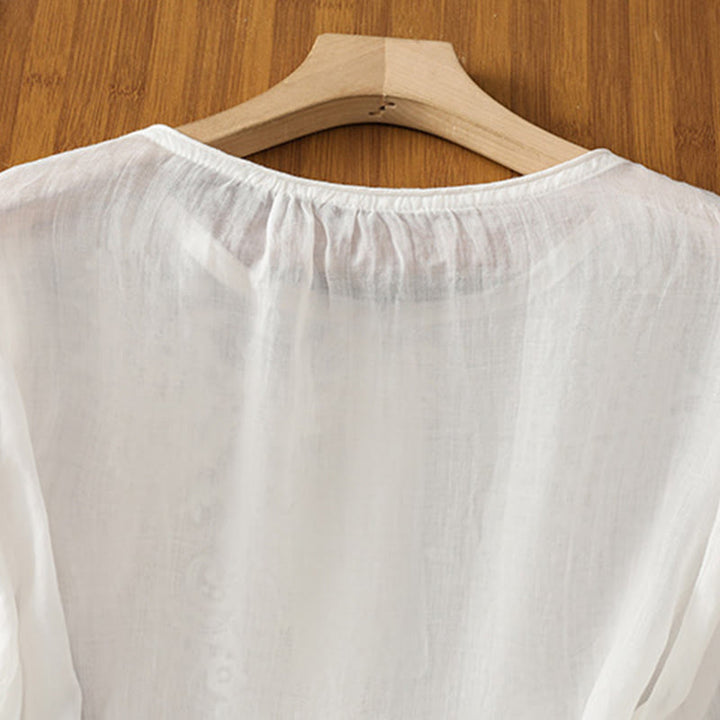 Camisa de algodón para mujer con cuello redondo, manga tres cuartos y botones bordados con flores y Buddha Stones - image 13