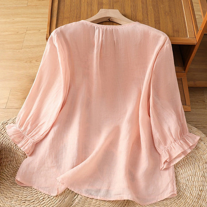 Camisa de algodón para mujer con cuello redondo, manga tres cuartos y botones bordados con flores y Buddha Stones - image 19