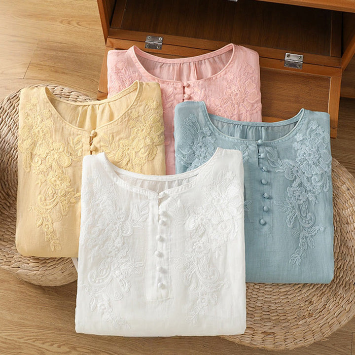 Camisa de algodón para mujer con cuello redondo, manga tres cuartos y botones bordados con flores y Buddha Stones - image 34