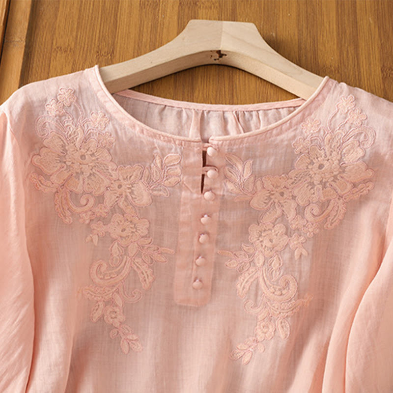 Camisa de algodón para mujer con cuello redondo, manga tres cuartos y botones bordados con flores y Buddha Stones - image 20