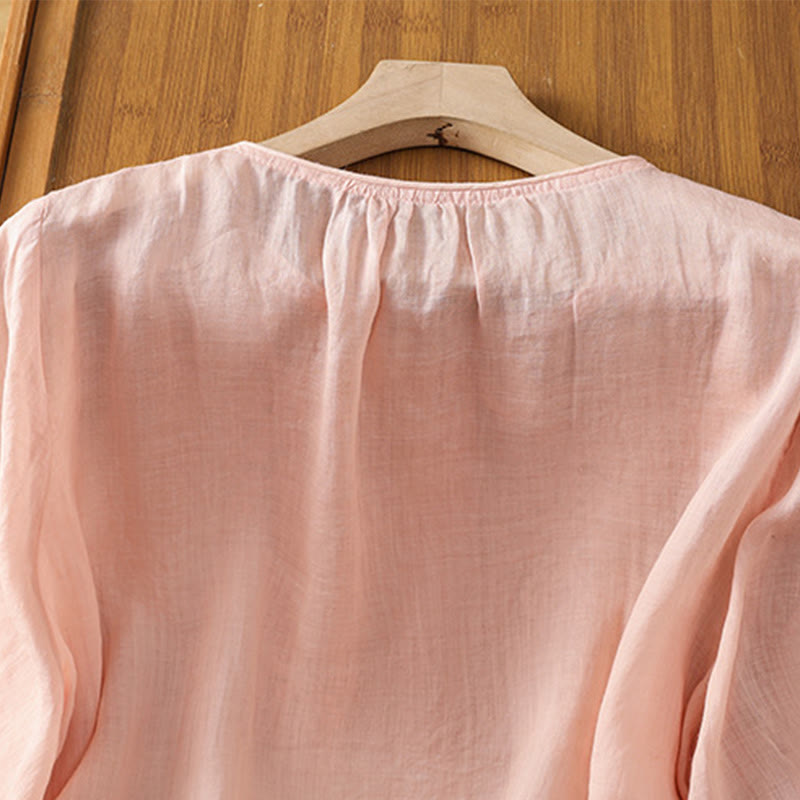 Camisa de algodón para mujer con cuello redondo, manga tres cuartos y botones bordados con flores y Buddha Stones - image 21