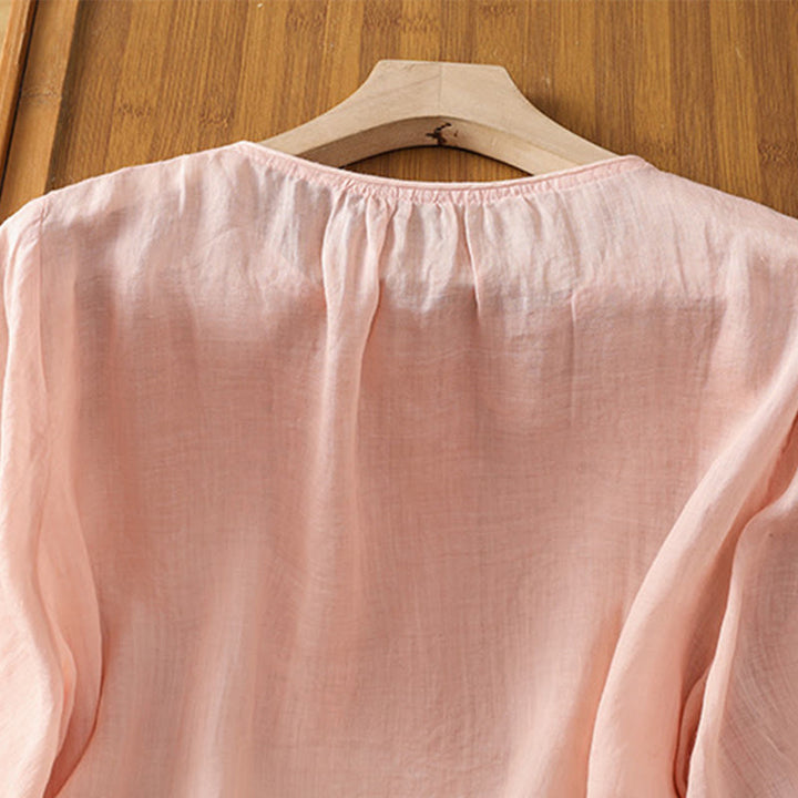 Camisa de algodón para mujer con cuello redondo, manga tres cuartos y botones bordados con flores y Buddha Stones - image 21