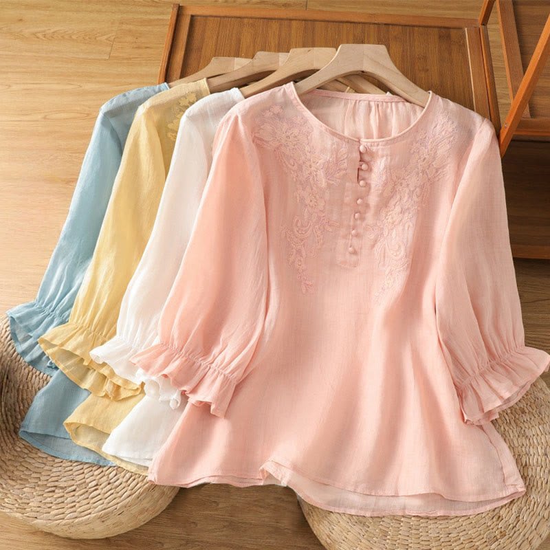 Camisa de algodón para mujer con cuello redondo, manga tres cuartos y botones bordados con flores y Buddha Stones - image 2