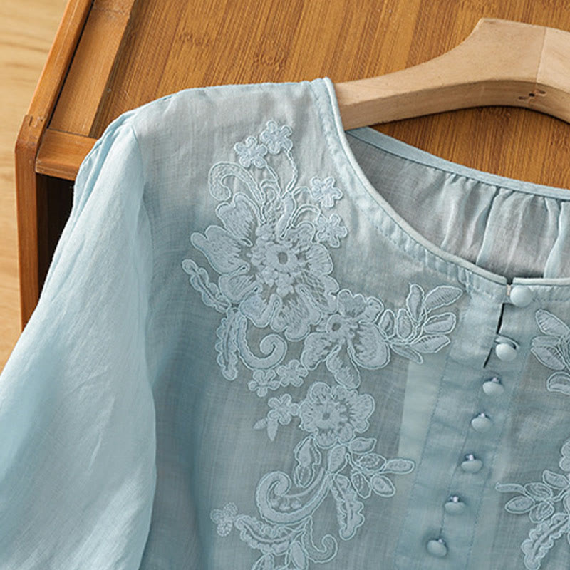 Camisa de algodón para mujer con cuello redondo, manga tres cuartos y botones bordados con flores y Buddha Stones - image 30
