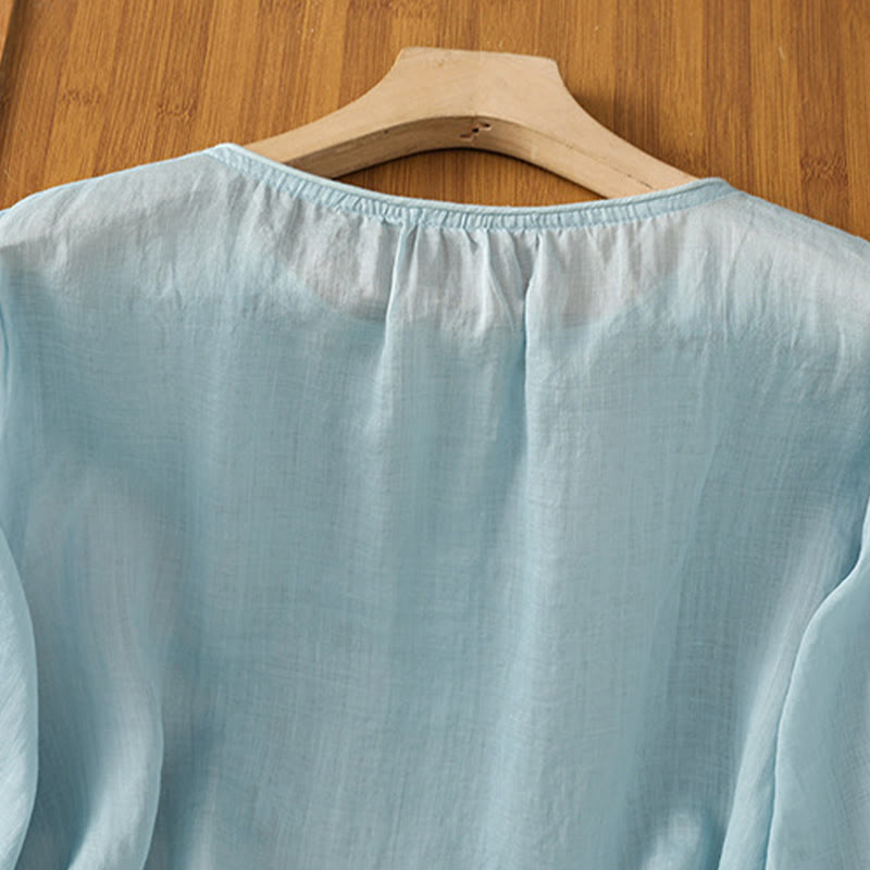Camisa de algodón para mujer con cuello redondo, manga tres cuartos y botones bordados con flores y Buddha Stones - image 29