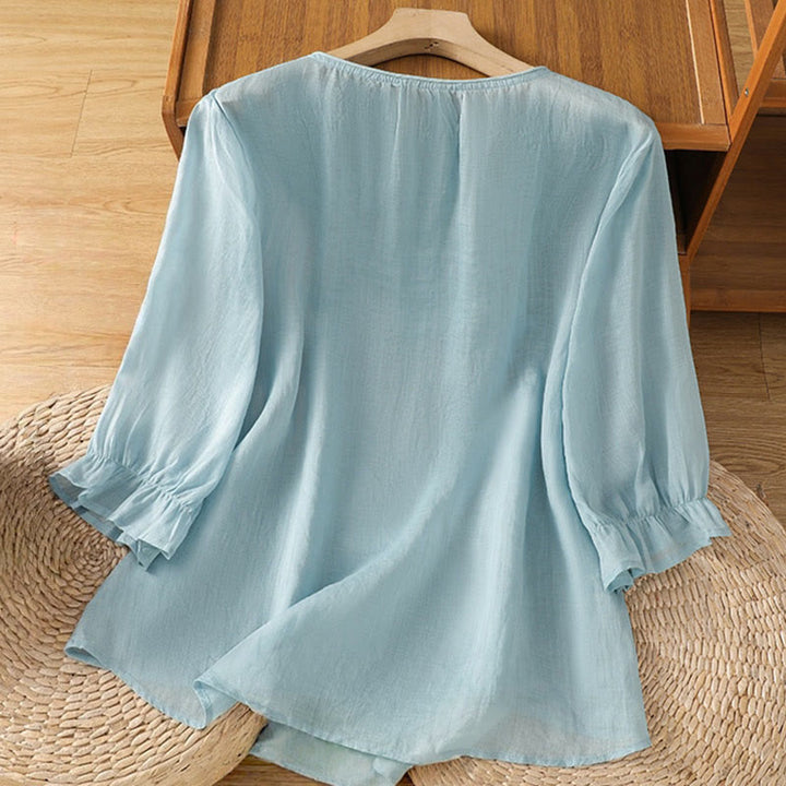 Camisa de algodón para mujer con cuello redondo, manga tres cuartos y botones bordados con flores y Buddha Stones - image 27